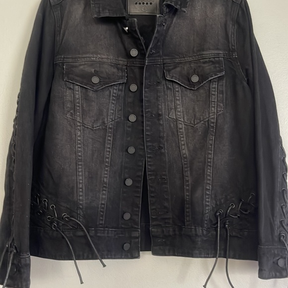 BlankNYC women distressed black jean jacket with lace up sleeves, back & sides - Picture 4 of 13